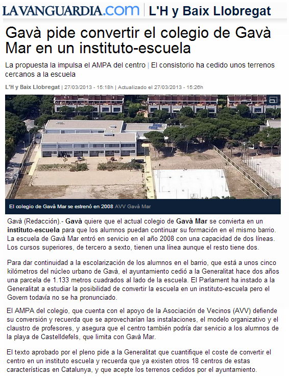 Notcia publicada a l'edici digital del diari La Vanguardia sobre la declaraci poltica del Ple de l'Ajuntament de Gav per a la conversi de l'Escola Gav Mar en un Institut-Escola (27 Mar 2013)